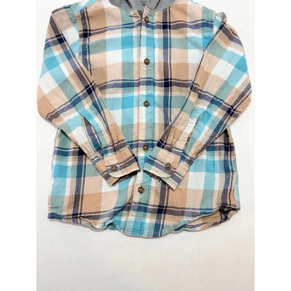 Carter's Boys Blue Tan Plaid Hooded Flannel Button Down Shirt Size 7